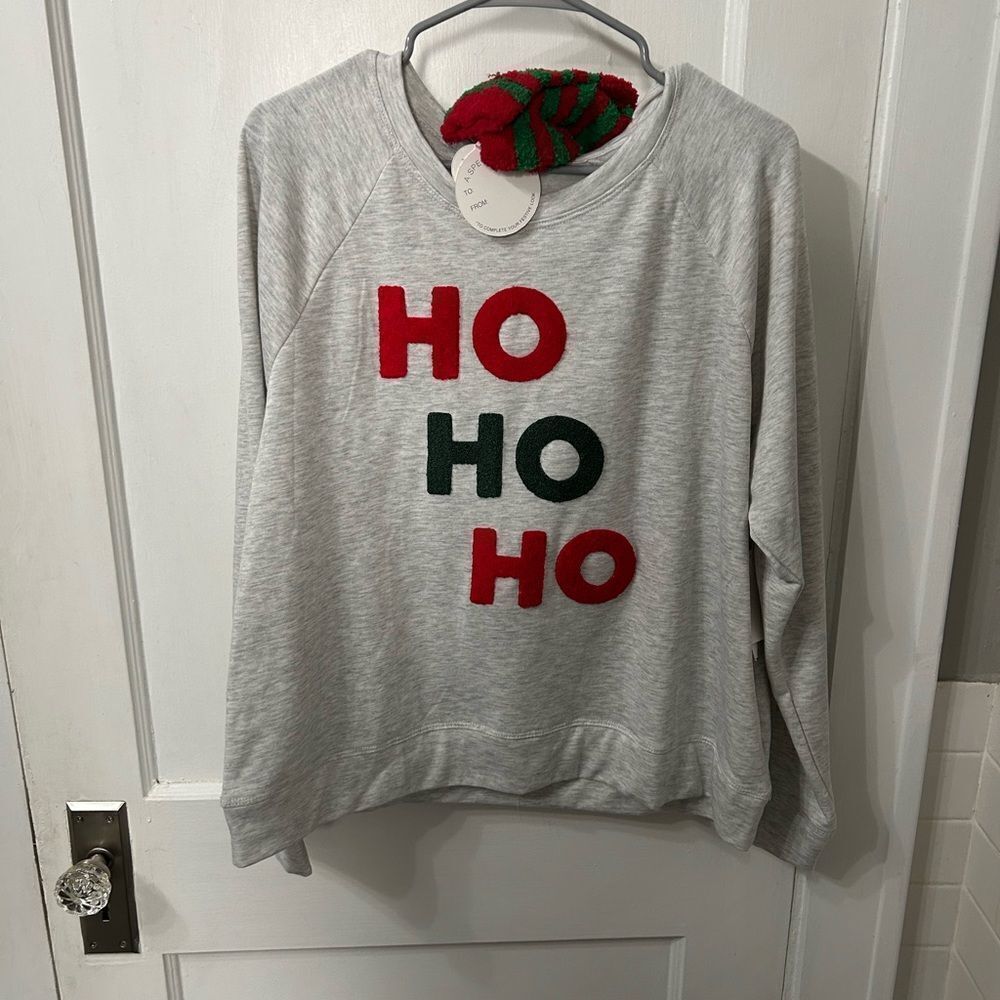 Festive Gray Holiday Sweatshirt with Red and Green socks